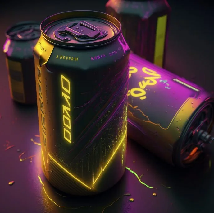 A close-up of a neon-lit energy drink can with a futuristic design, surrounded by other cans and cans in the background, with glowing purple and yellow accents.