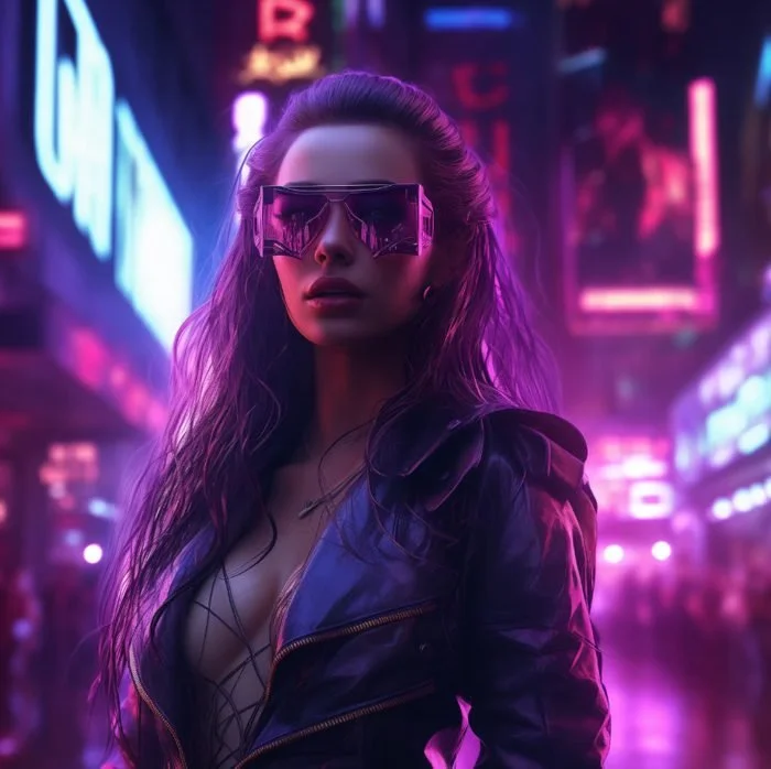 Woman in neon-lit cityscape wearing large reflective sunglasses and a leather jacket.