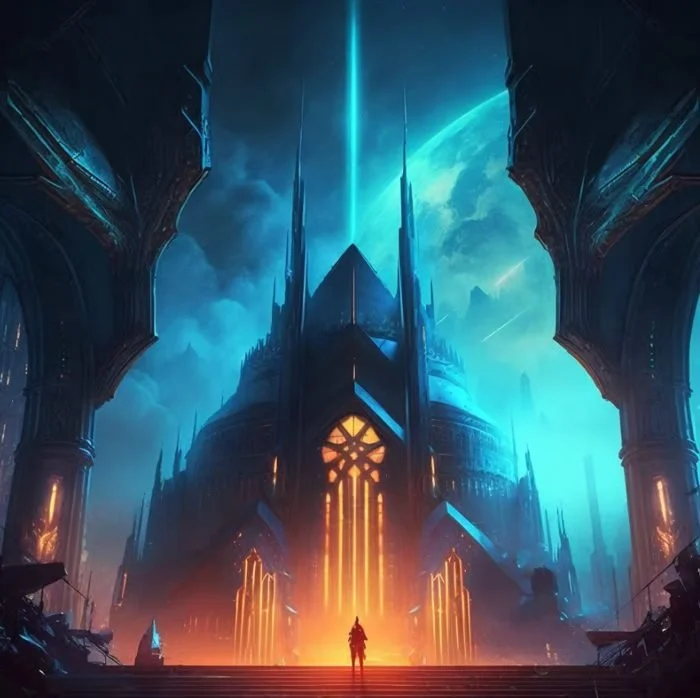A lone figure standing at the bottom of a grand, futuristic cathedral illuminated by blue and orange lights, with a large planet visible in the sky.