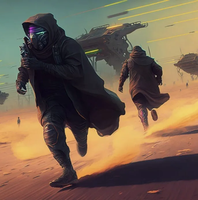 Two individuals dressed in futuristic, tactical clothing running across a desert landscape with flying ships in the background and laser beams shooting across the sky.