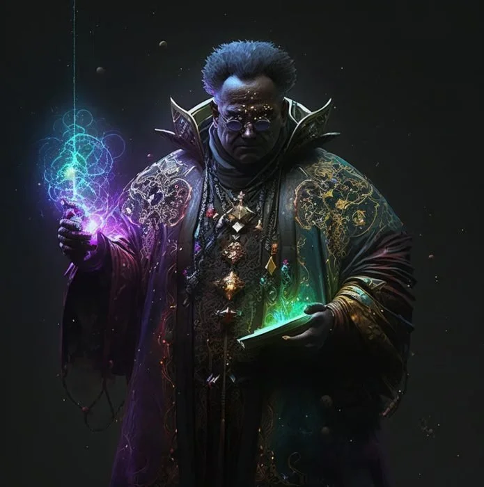A person dressed as a sci-fi wizard or wizard-like character, holding a glowing staff or wand with purple and blue energy, wearing elaborate robes and accessories, with a space-themed background featuring planets and stars.
