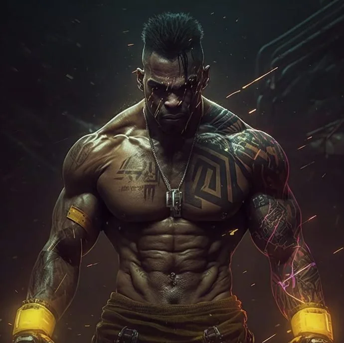 Muscular man with tattoos, short mohawk, and jewelry, shirtless with intense expression, surrounded by sparks and dark background.