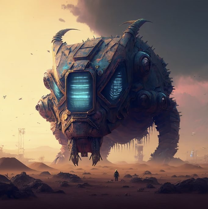 A large, futuristic robotic creature with a metallic, armored body and glowing blue eyes, walking across a barren, dusty landscape with a lone figure nearby.