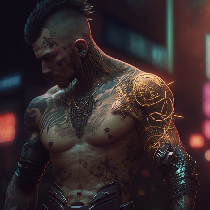 A muscular man with tattoos and neon cybernetic enhancements on his arms and shoulders in a dark, futuristic city.