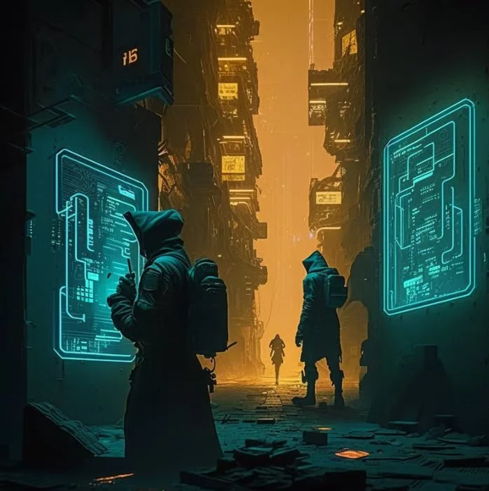 Futuristic alleyway with two hooded figures using digital screens on the walls and a lone person walking in the distance, illuminated by orange glow.