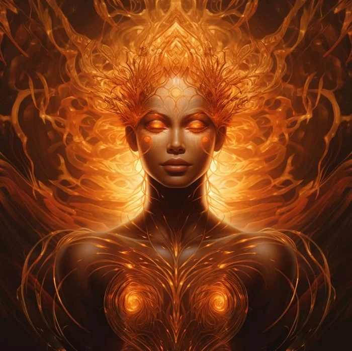 A fantasy digital artwork of a woman with glowing orange eyes and intricate fiery patterns on her face and head, surrounded by swirling flames and luminous abstract elements