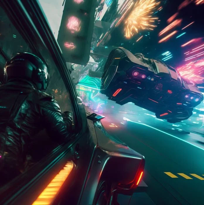 A science fiction scene of a person in a futuristic car car at night, witnessing a spaceship flying through a city with neon lights, explosions, and fireworks in the background.