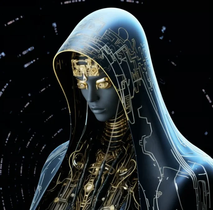 Futuristic humanoid robot with a black face and golden mechanical details, wearing a transparent hood with circuit patterns, in a dark, high-tech environment.
