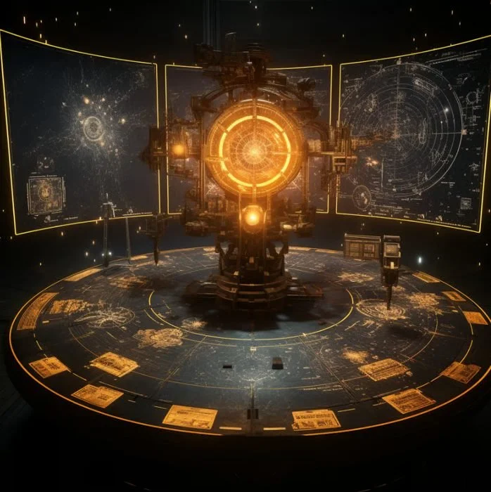 High-tech futuristic control room with a large central machinery surrounded by holographic screens displaying complex scientific diagrams and star maps, illuminated with orange and yellow lighting.