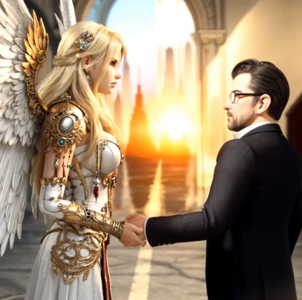 A man in a black suit and glasses shaking hands with a woman dressed as an angel with white wings, gold armor, and intricate jewelry inside a grand hall with a bright sunset view.