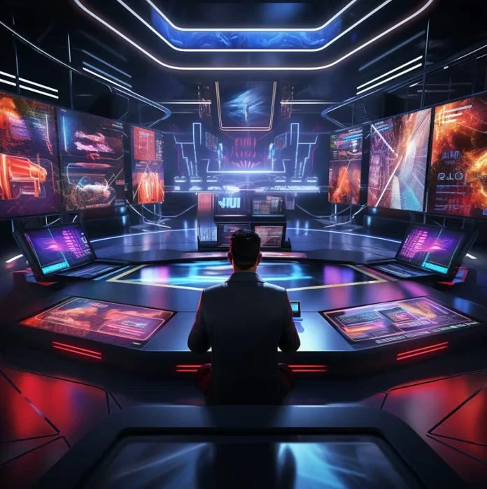 A person sitting at a high-tech control console in a futuristic, neon-lit command center with large screens displaying digital graphics.