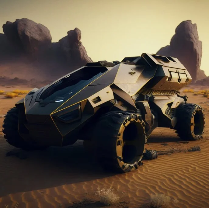 A futuristic black and gold armored vehicle on a desert landscape with rocky formations in the background.