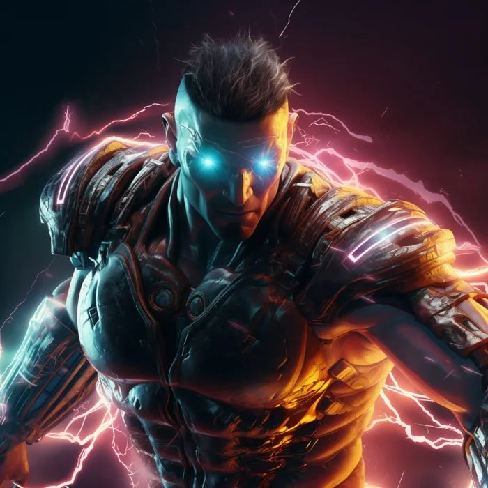 A futuristic soldier with glowing blue eyes and electric sparks around, wearing advanced armor and a serious expression.