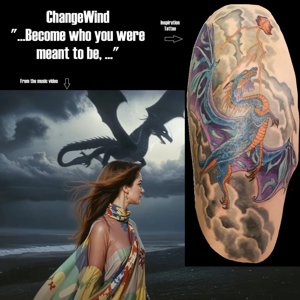 A tattoo of a dragon on a person's arm with colorful designs and clouds in the background. The image also features a woman with long hair and a colorful shawl on a beach, a dark stormy sky, and a silhouette of a dragon flying among clouds. The text r