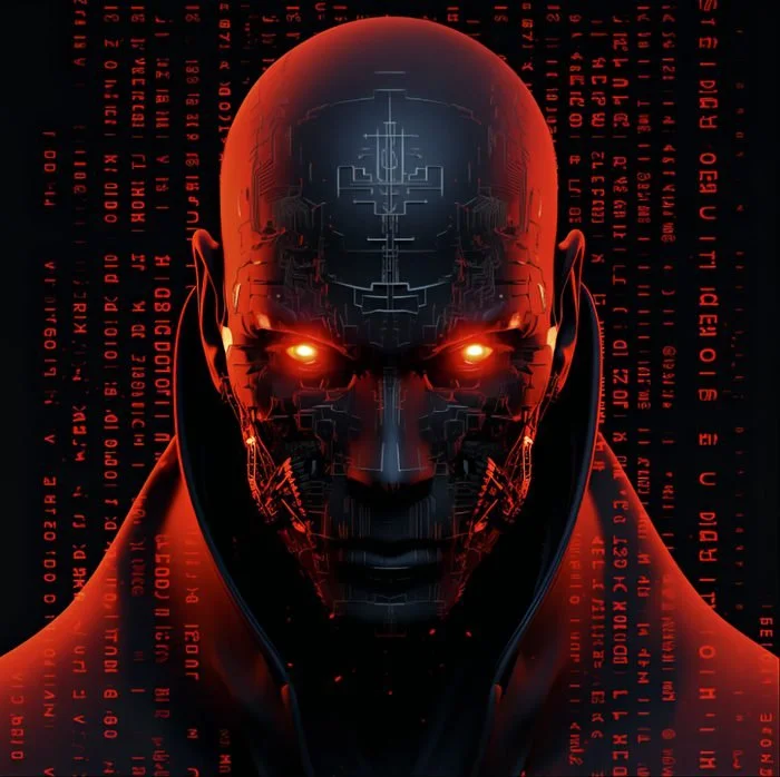 A robotic humanoid figure with glowing red eyes and a digital face, surrounded by red and black data streams.