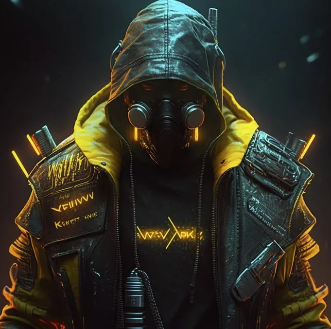 Person dressed in cyberpunk-style clothing with a hood and goggles, illuminated by neon yellow lights.