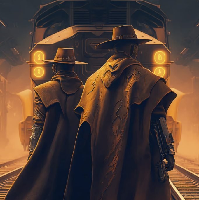 Two individuals in Western-style outfits with wide-brimmed hats stand on a train platform, facing towards the train headlights in a dramatic, cinematic scene.
