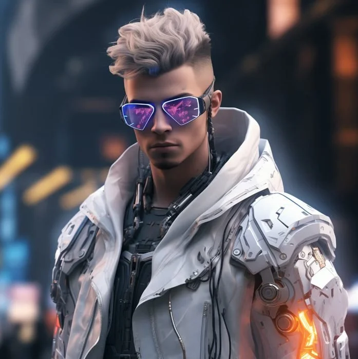 Young man dressed as a futuristic cyborg with silver hair, wearing high-tech sunglasses, a white armored jacket with LED lighting, and headphones, in an urban night setting.