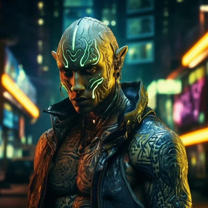 A futuristic, cyberpunk-themed character with glowing neon facial markings and intricate tattoos, standing in a brightly lit city at night.