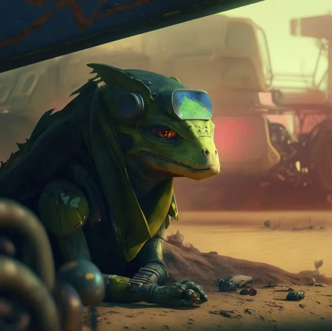 A robotic anthropomorphic lizard with sunglasses and headphones, sitting on a dusty ground in a post-apocalyptic scene with abandoned vehicles in the background.