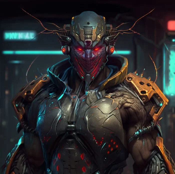 Futuristic soldier with a robotic, insect-like helmet and glowing red eyes, dressed in advanced armor with glowing accents, set in a sci-fi environment.