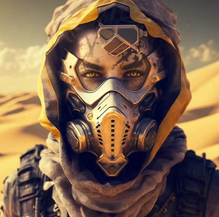 A person wearing a futuristic mask and yellow hood in a desert landscape with sand dunes.