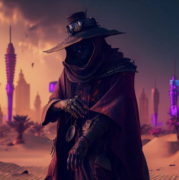 A mysterious figure dressed in dark, futuristic attire with a wide-brimmed hat and goggles, standing in a desert landscape with glowing purple and pink futuristic buildings in the background.