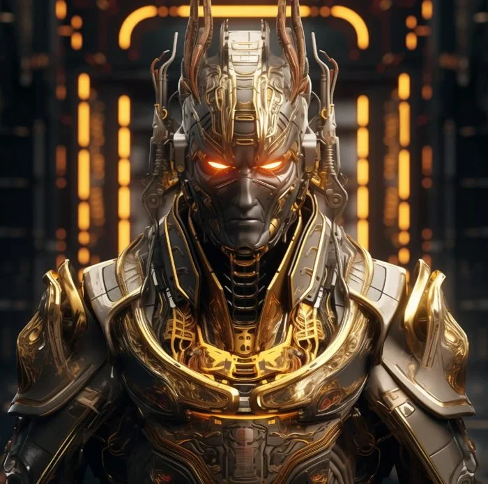 A highly detailed, futuristic robot humanoid with glowing orange eyes and intricate mechanical armor in metallic shades of gold and silver, set against a background of orange-lit high-tech panels.
