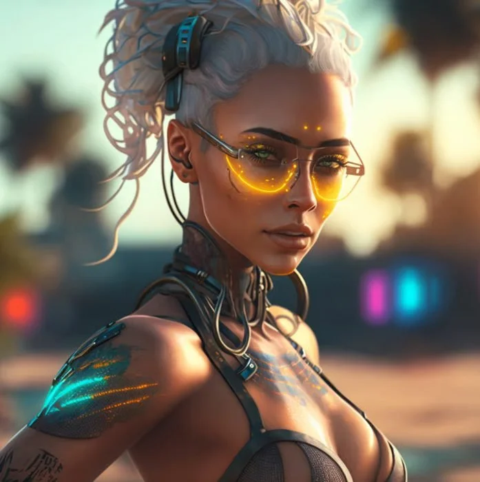 Cyberpunk woman with platinum blonde hair, glowing yellow eye makeup, and futuristic glasses, wearing a black harness and neon accents.
