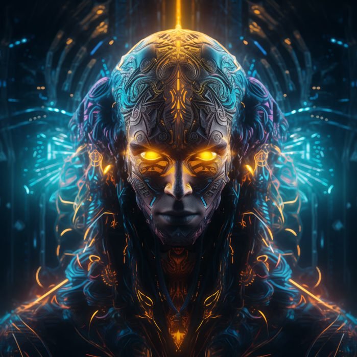 A futuristic, neon-lit digital artwork of a humanoid figure with glowing yellow eyes and intricate, circuit-like patterns on its face and head, surrounded by vibrant blue and orange light trails.