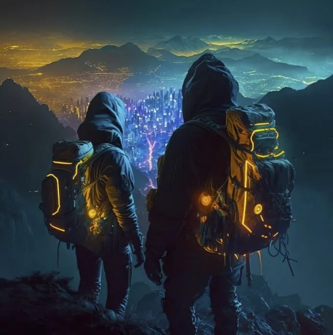 Two hikers with backpacks overlooking a cityscape at dusk or night from a mountain viewpoint, city lights glowing.