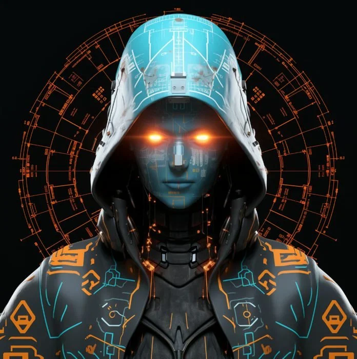 A futuristic female cyborg with glowing orange eyes, wearing a high-tech helmet and suit with holographic display patterns, surrounded by a digital HUD and circuitry background.