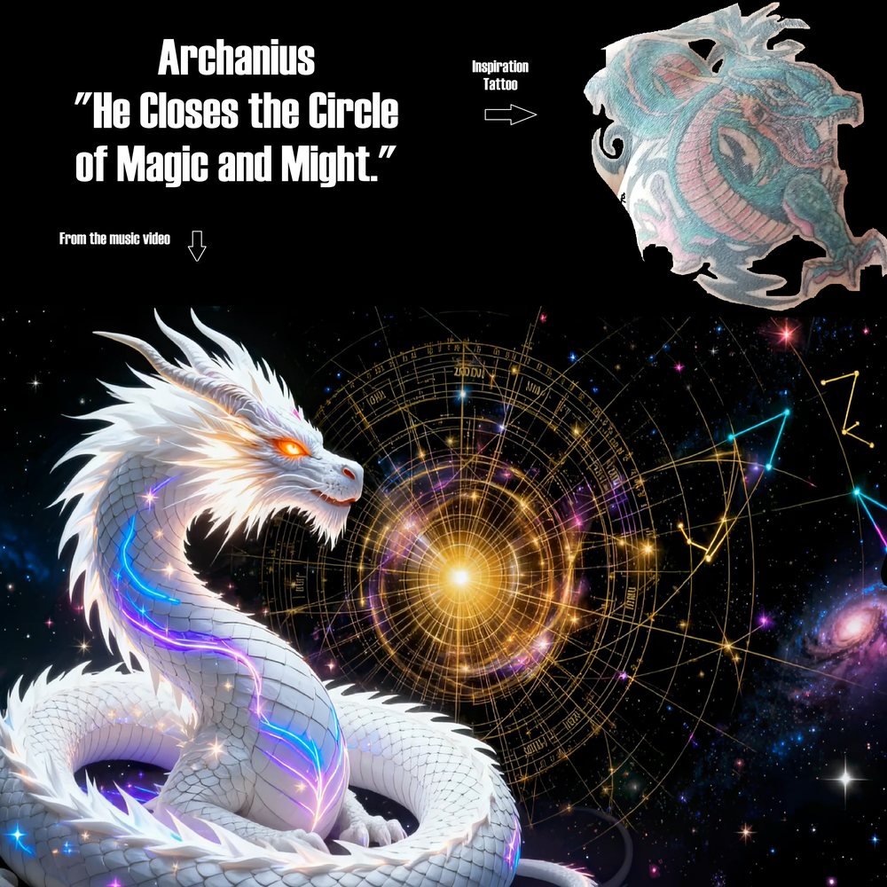 A digital illustration featuring a white dragon with glowing orange eyes and blue and purple accents, coiled on a starry background with a celestial map. The image includes a tattoo of a dragon in the upper right corner, a quote about Archanus, and a