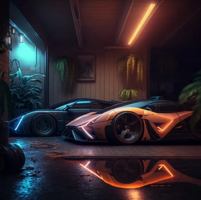 A modern garage with neon lighting featuring two futuristic sports cars, one in black with blue accents and the other in light orange, with plants and wood-paneled walls.