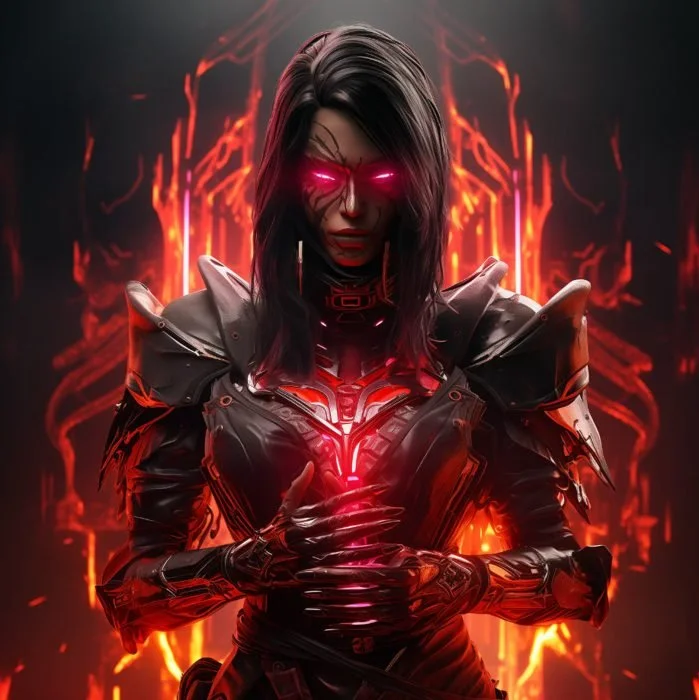 A woman dressed in futuristic black armor with glowing red lights, standing with her hands on her chest, against a background of fiery red and orange energy.