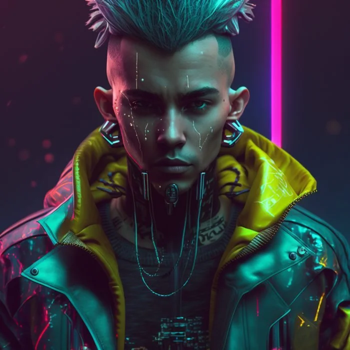 Close-up of a futuristic, cyberpunk-style person with neon-lit hair and LED decorations on face and attire, wearing a shiny jacket with neon accents, set against a dark background with pink and purple neon lights.