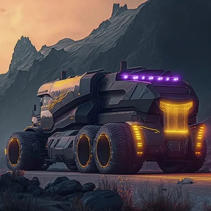 A futuristic black sci-fi vehicle with glowing purple, yellow, and orange accents parked in a mountainous landscape during sunset.