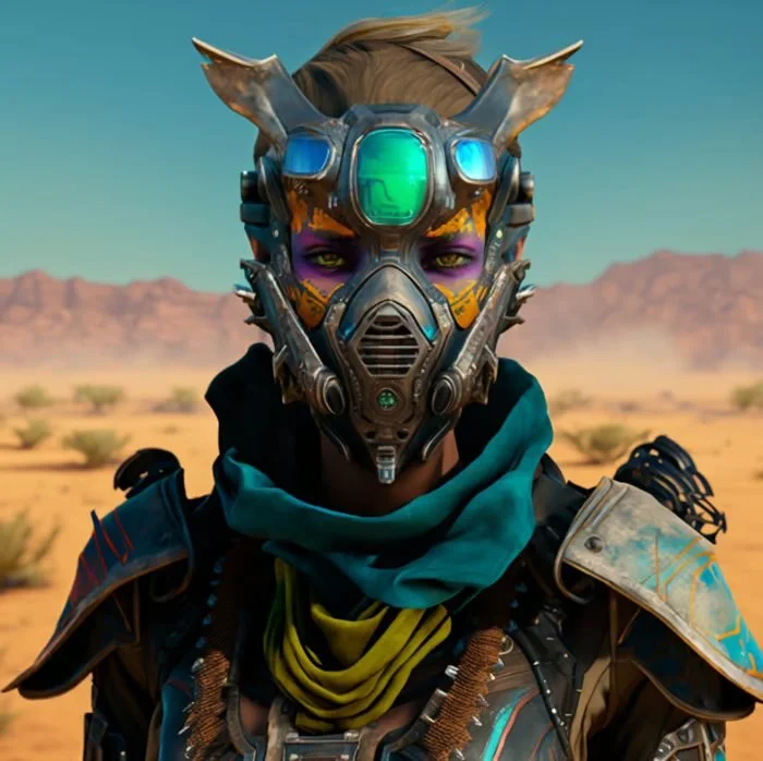 Futuristic character with a high-tech mask and glowing goggles, standing in a desert landscape.