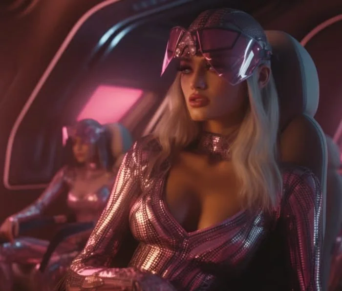 A woman with long blonde hair wearing a shiny, metallic, pink outfit and a visor-style headpiece, sitting inside a spaceship or futuristic vehicle with pink and purple lighting.