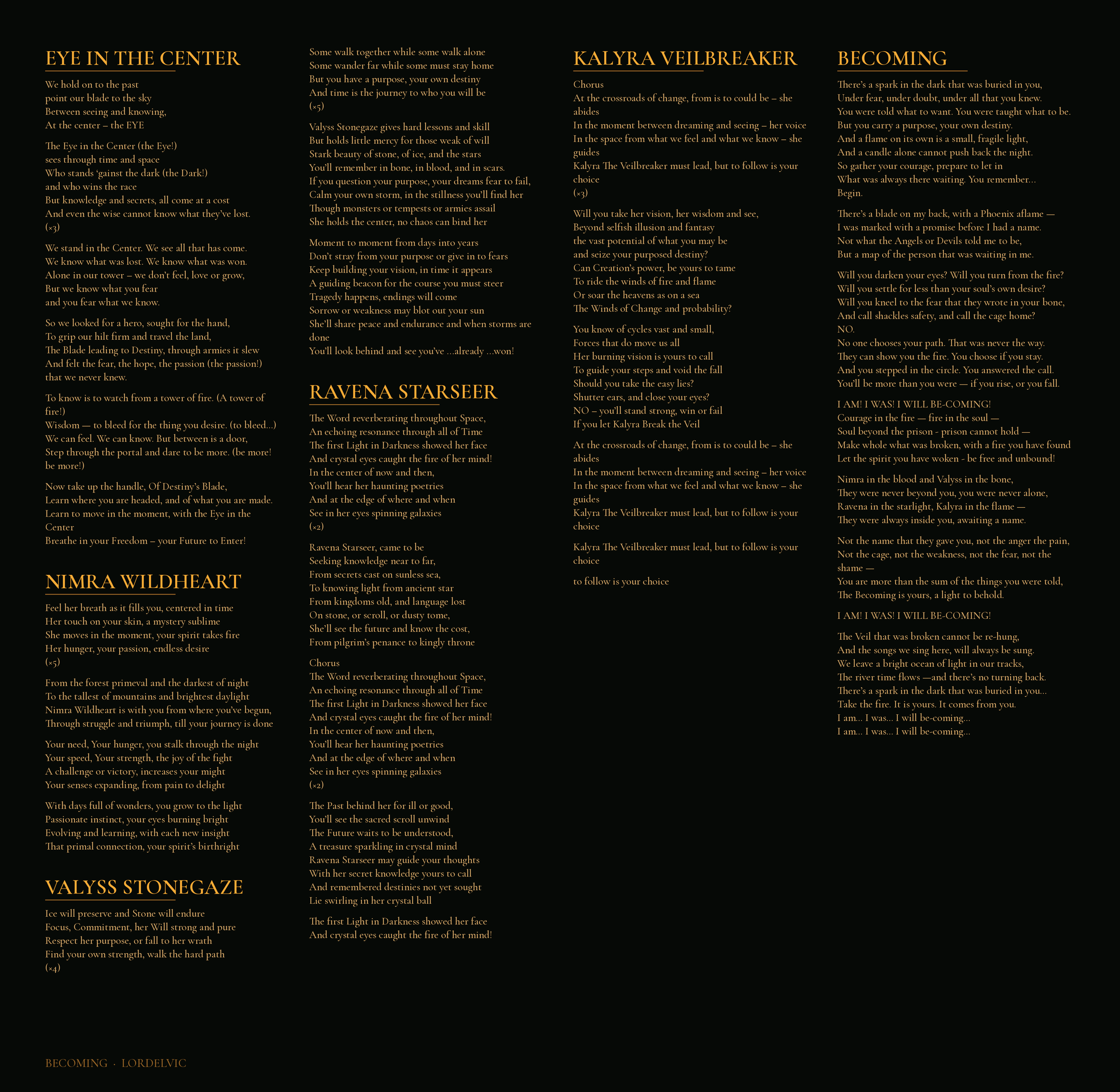 A dark background with gold-colored text of a poem and author names, organized into three columns.
