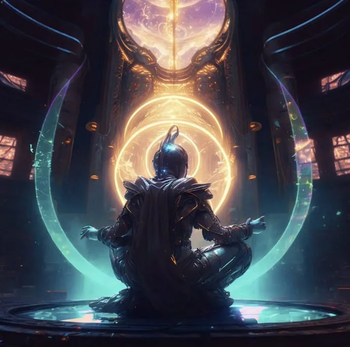A futuristic armored figure sitting cross-legged in a meditative pose in a high-tech, sci-fi environment with glowing rings and light portals in the background.