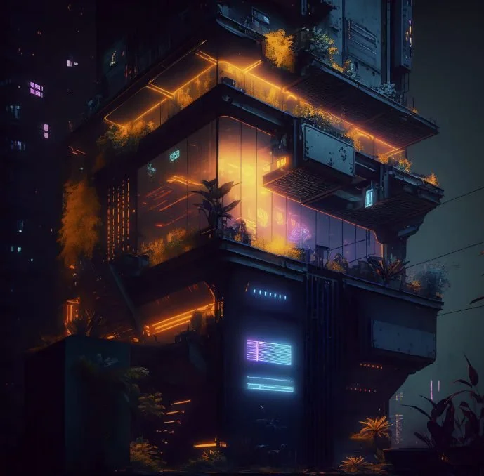 A futuristic multi-level building at night, illuminated with vibrant orange and purple neon lights, with signs, greenery, and a laptop on the balcony.