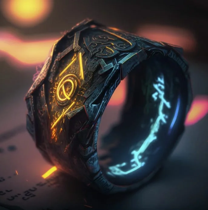 A futuristic, metallic ring with glowing orange and blue symbols and designs, set against a blurred background with warm lighting.