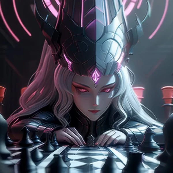 A female gaming character with glowing pink eyes, silver hair, and a metallic crown, sitting at a chessboard with a dark, cyberpunk-inspired background.