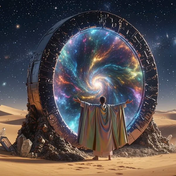A person in a colorful robe stands in a desert with arms outstretched, facing a large, circular sci-fi portal showing a vibrant galaxy swirl with stars and nebulae.