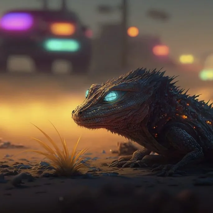 A futuristic, glowing-eyed monitor lizard in a desert at night with colorful city lights in the background.