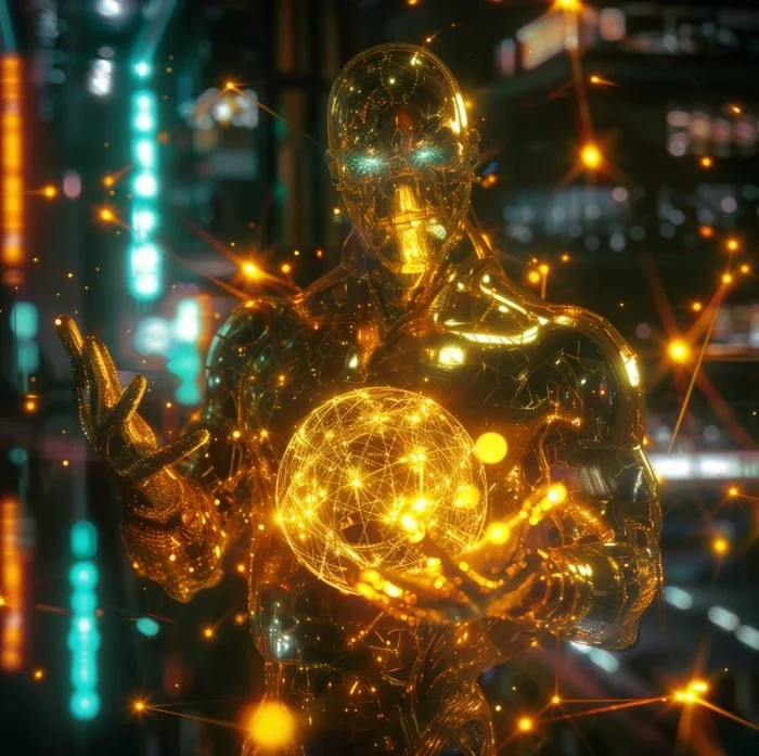 Futuristic humanoid robot with a gold reflective surface holding a glowing digital globe, surrounded by city lights and digital effects.