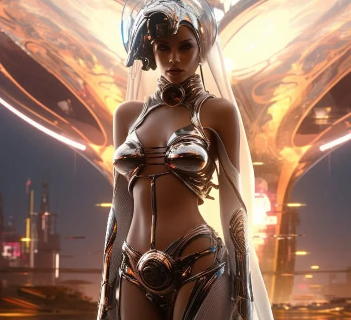 A futuristic female android or robot in a sci-fi cityscape, wearing metallic armor and a transparent helmet with glowing background lights.