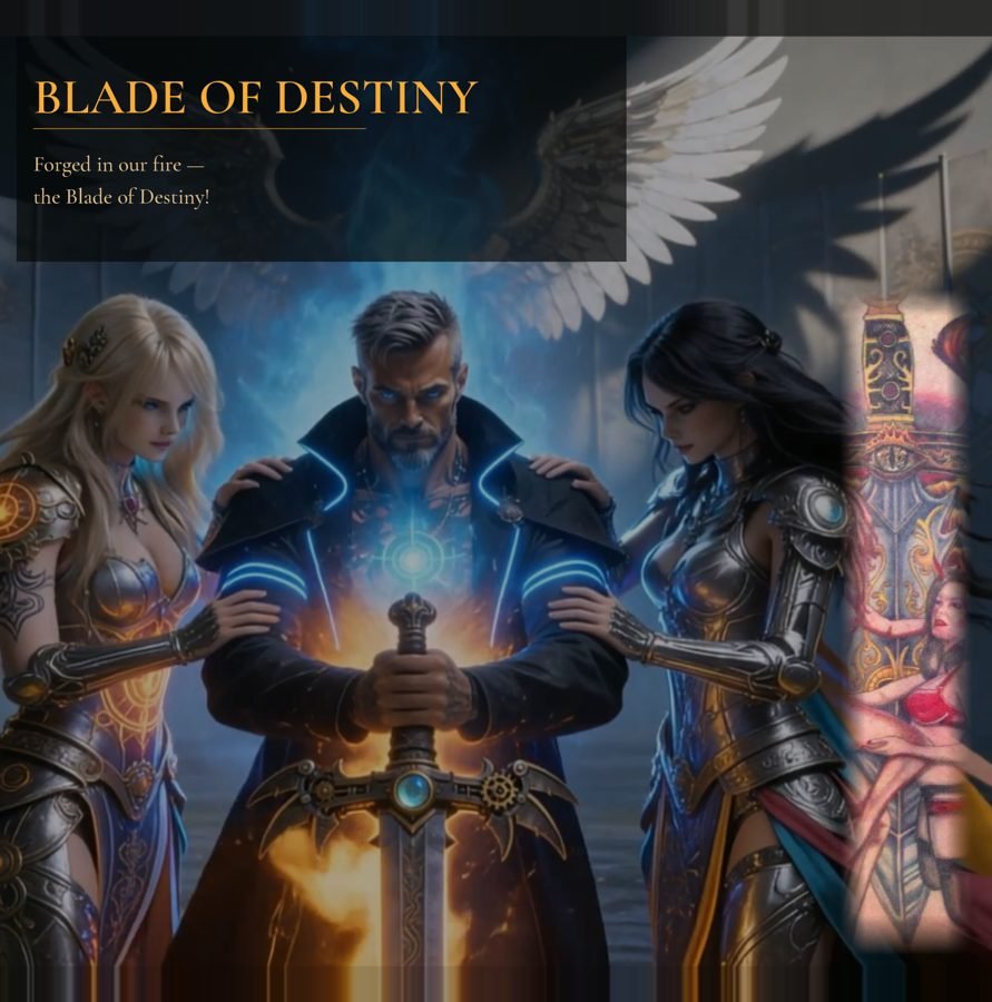 Three characters in fantasy armor with glowing elements, standing behind a sword with fire and glowing energy, with a winged symbol in the background and a woman in tribal attire on the right.