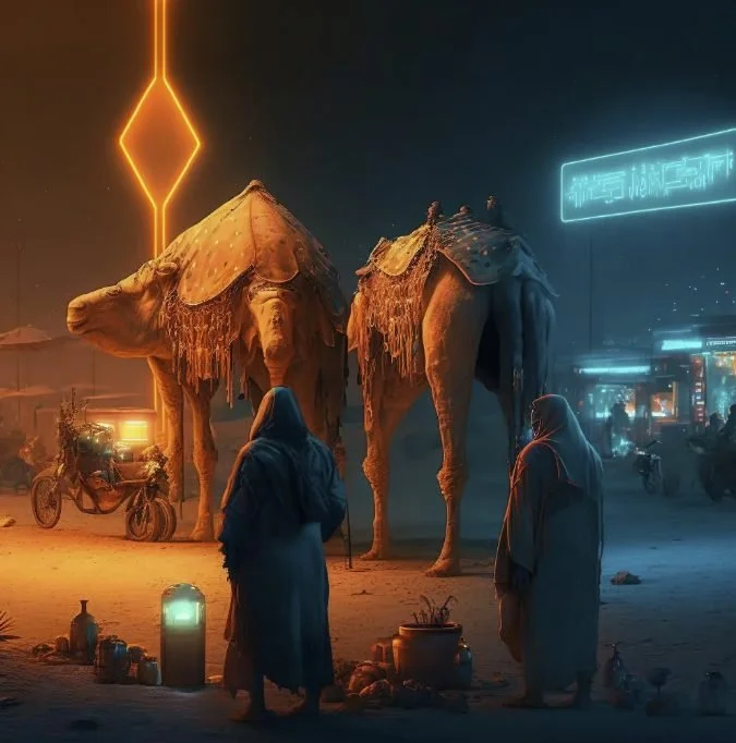 Two camels covered in blankets with two people dressed in robes standing in front of them in a desert at night with neon lights and a market scene in the background.